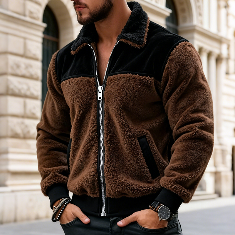 Men's Retro Casual Plush Colorblock Zipper Lapel Jacket MTA2493J2TO