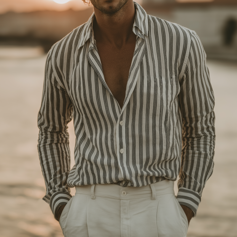 Men's Retro Casual Striped Lapel Long-Sleeve Shirt MTZ0598A5TO