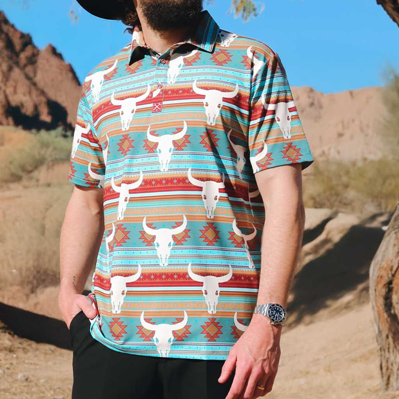 Men's Western Cowboy Style Printed Short-Sleeved Polo Shirt MTA2662F8X
