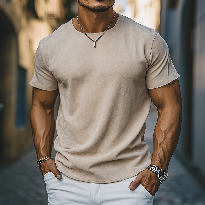 Men's Spring And Summer Casual Thin Suede Round Neck Short Sleeve T-Shirt MTA0165G7K