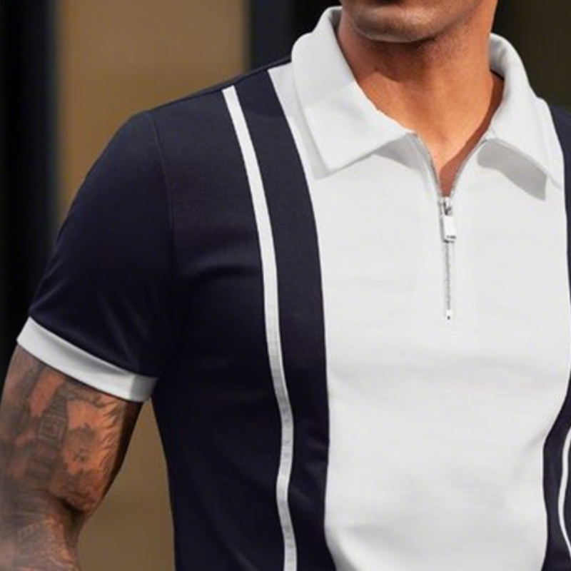 Men's Retro Casual Cotton Patchwork Zipper Short-Sleeved Polo Shirt MTA2253E4TO