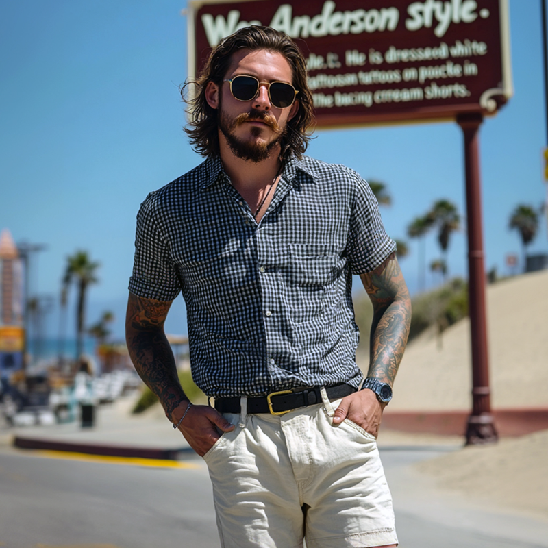 Men's Vintage Cotton Blend Plaid Lapel Patch Pocket Slim Fit Short Sleeve Shirt MTA0938D0M