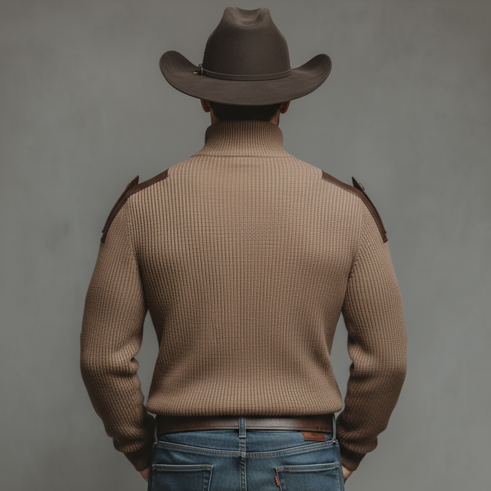 Men's Classic Retro Western Style PU Leather Epaulette Stand Collar Slim Fit Sweater MTA3037K3K