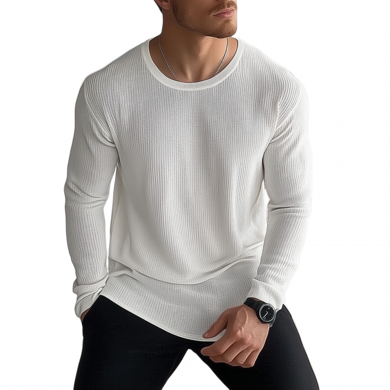 Men's Casual Solid Color Breathable Knitted Round Neck Loose Long Sleeve Sweater T-shirt MTA2184G6M