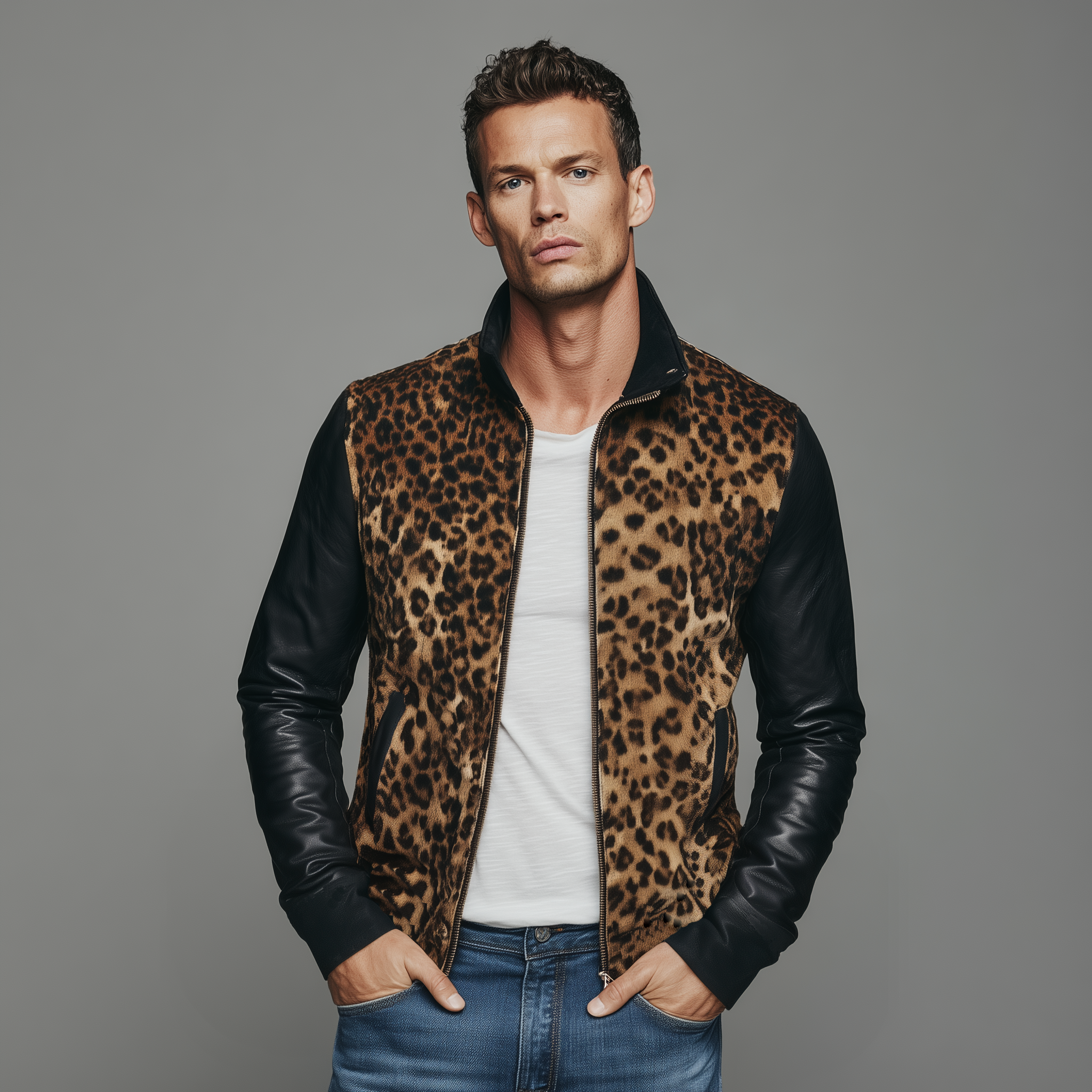Men's Classic Casual Suede Leopard Print Pu Leather Stand Collar Slim Fit Jacket MTA0611H4K