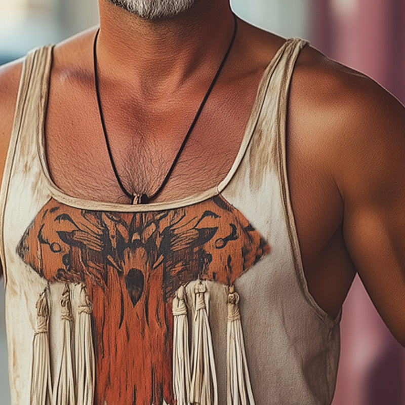 Men's Summer Retro Printed Tassel Tank Top MTA2595D7U