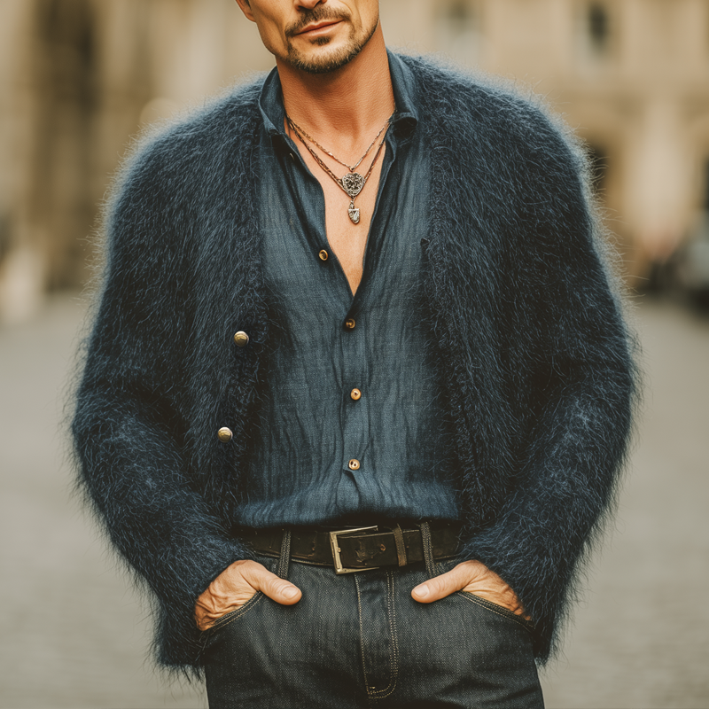 Men's Vintage Faux Mink V-Neck Button-Down Knit Cardigan MTA1756J5U