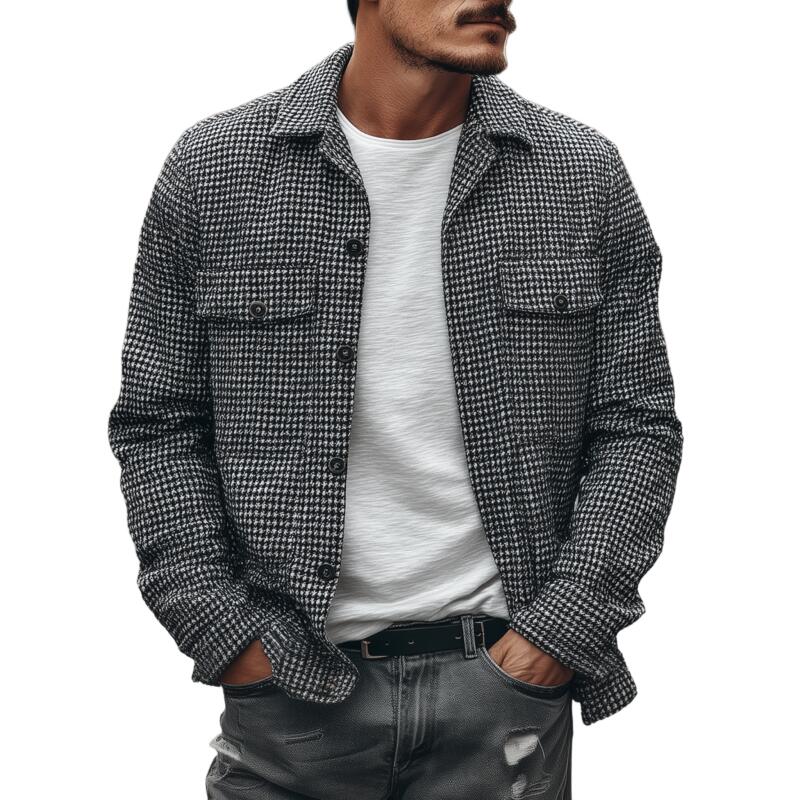 Men's Vintage Houndstooth Lapel Single-Breasted Flap Chest Pocket Loose Long Sleeve Shirt Jacket MTA2529H6M