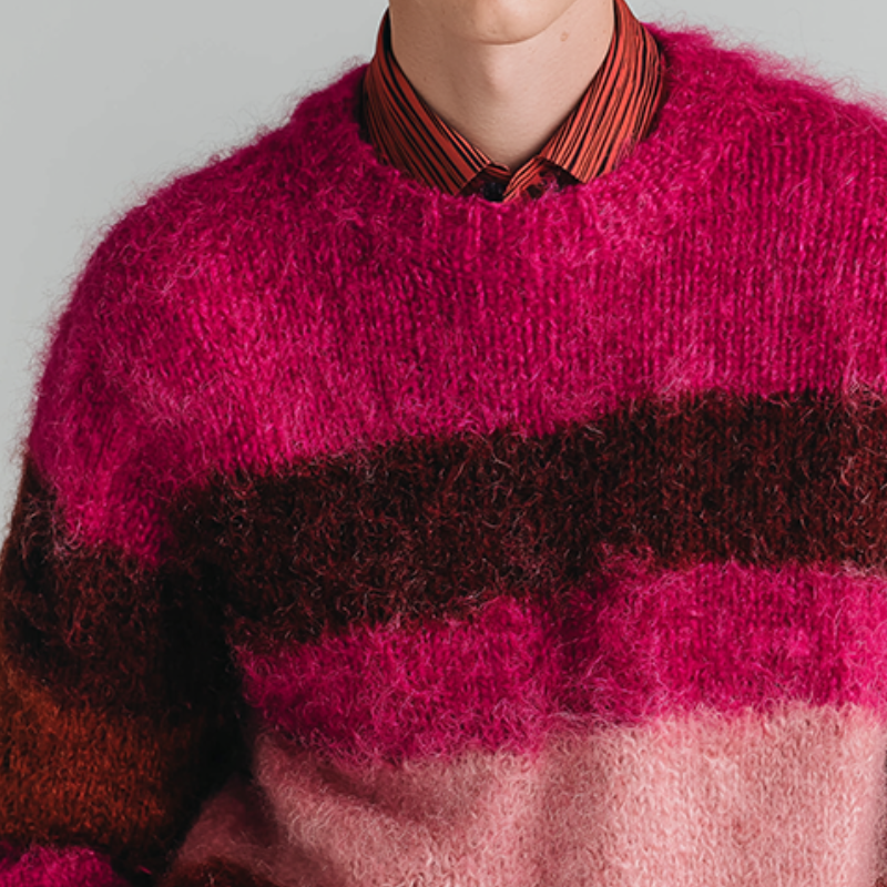 Men's Retro Casual Crew Neck Striped Mohair Knit Pullover Sweater MTA2807J1TO