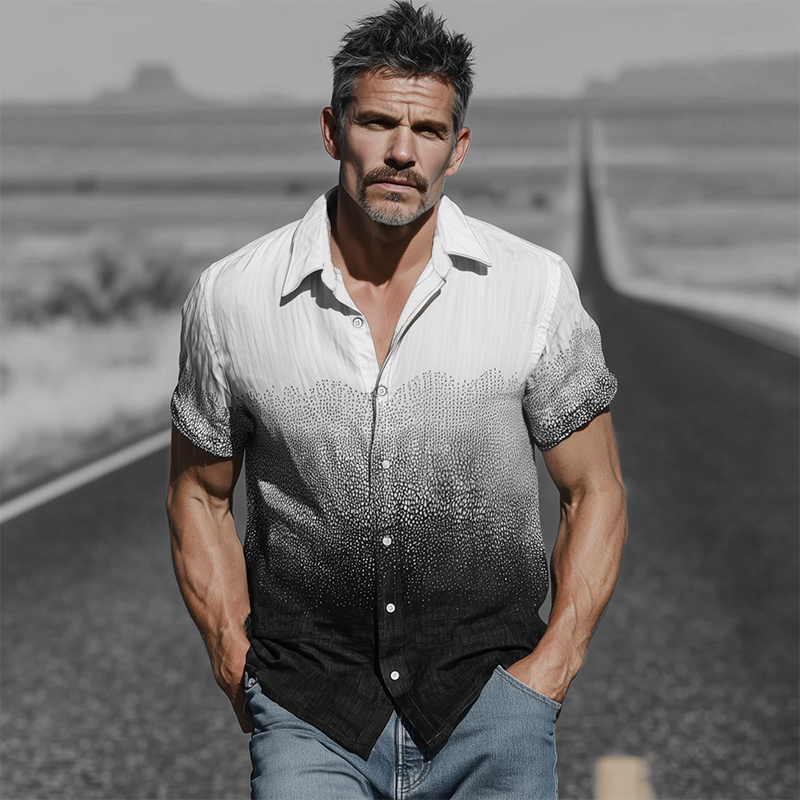 Men's Spring And Summer Fashion Casual Cotton Blended Art Print Gradient Short Sleeve Shirt MTA0819G3K