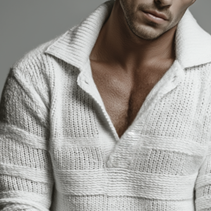Men's Retro Casual Striped Knit Solid Color Lapel Sweater MTA3049H2TO