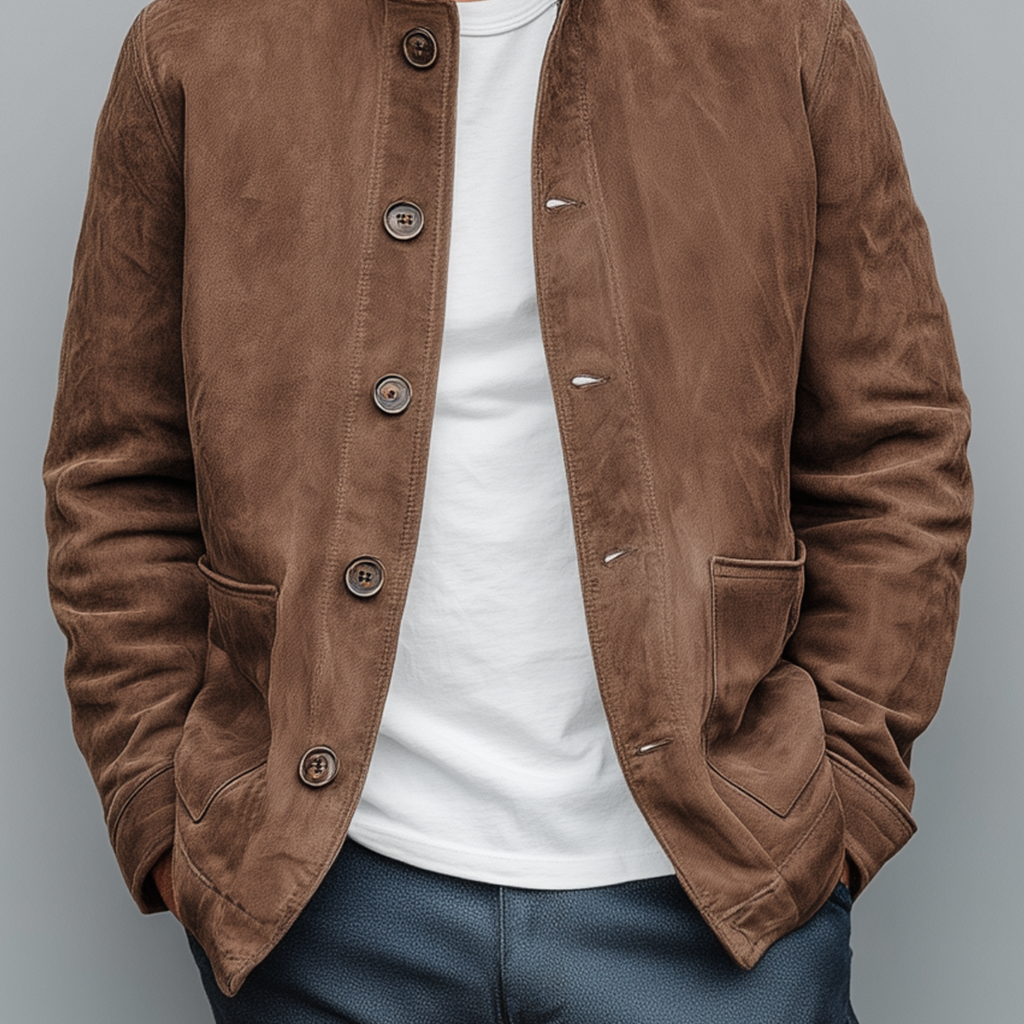 Men's Retro Casual Thin Suede Wooden Button Stand Collar Jacket MTA2517G7K