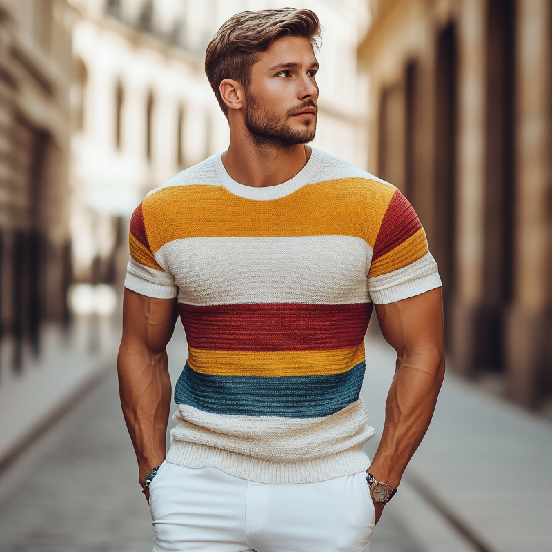 Men's Casual Colorful Striped Knitted Round Neck Slim Fit Short Sleeve Sweater T-shirt MTA2115G8M