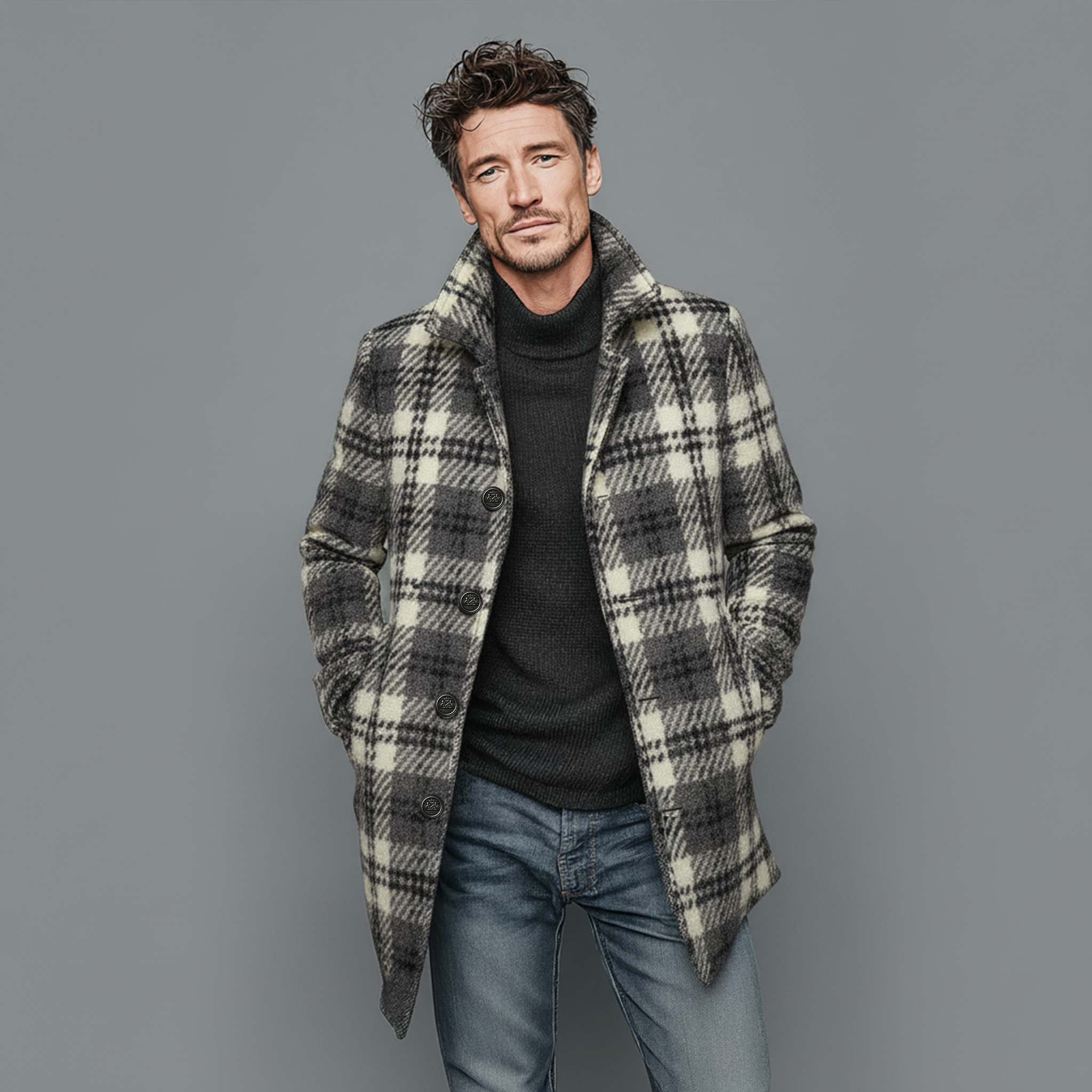 Men's Classic Vintage Faux Check Woolen Single-breasted Thigh-length Coat MTA2520I7K