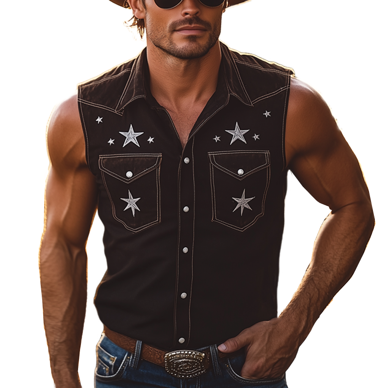 Men's Summer Western Style Star Embroidered Sleeveless Shirt MTA2650F6U