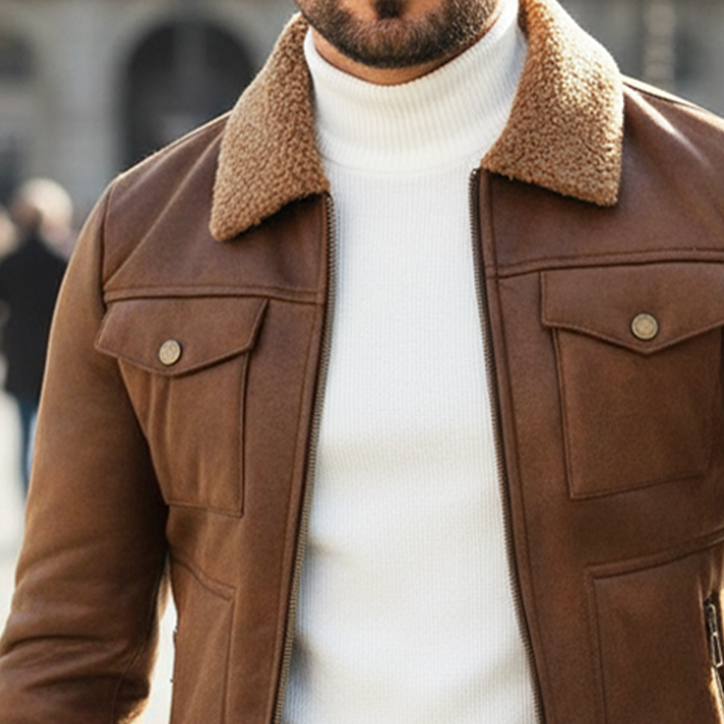 Men's Classic PU Leather And Faux Fur Collar Zip-up Jacket MTA2362I7U