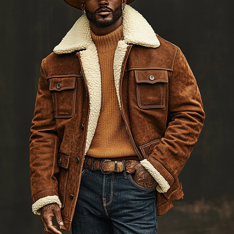 Men's Western Retro Lapel Splicing Polar Fleece Lapel Mid-Length Coat MTA1136J7X