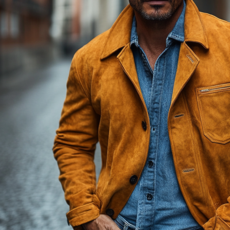 Men's Casual Solid Color Faux Suede Collar Button Jacket MTA0593K9X