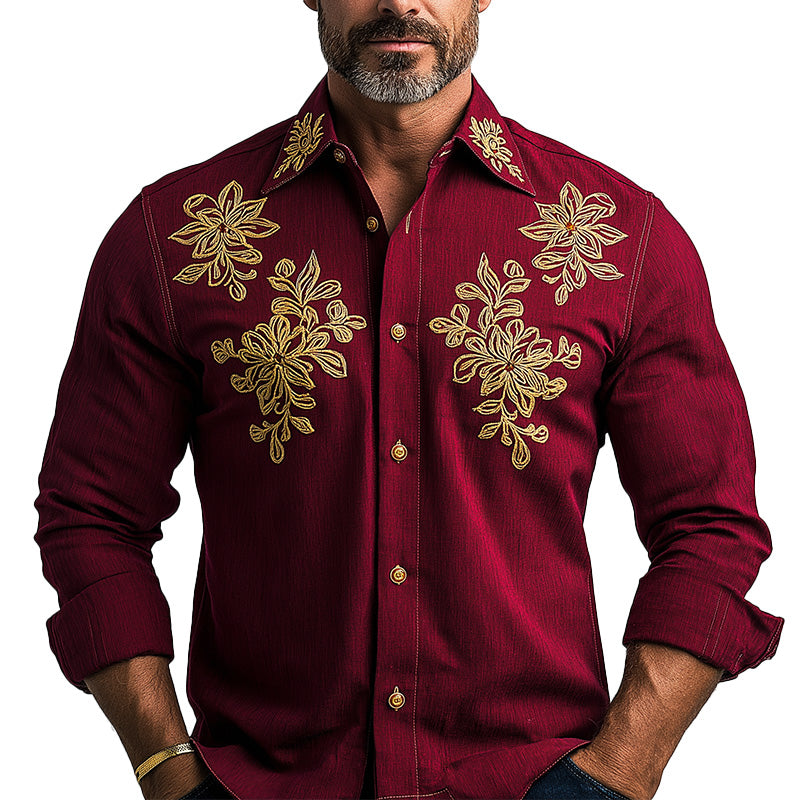 Men's Summer Fashion Floral Embroidery Cotton Long Sleeve Shirt MTA1593E2P
