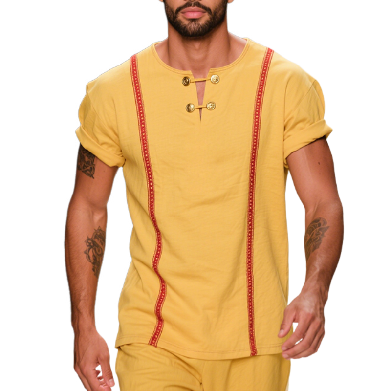 Men's Retro Casual Linen Medieval Style V-Neck Metal Button Short Sleeve Shirt MTA2970E3TO
