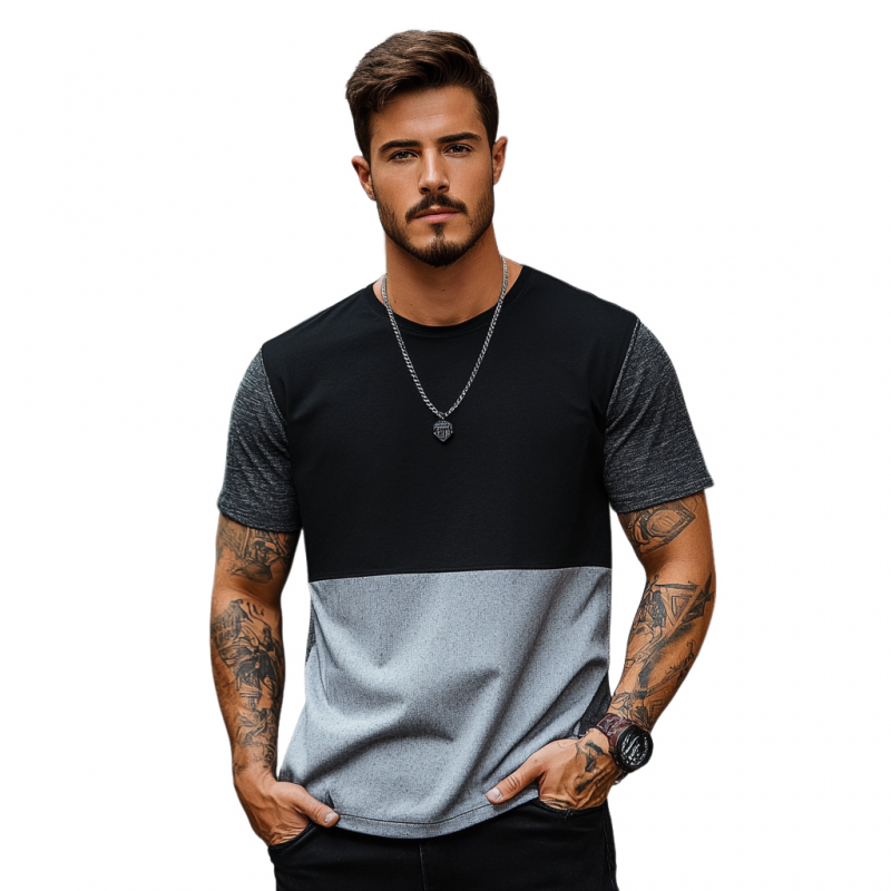 Men's Casual Premium Cotton Contrast Color Patchwork Round Neck Slim Short-sleeved T-shirt MTA1538E3M