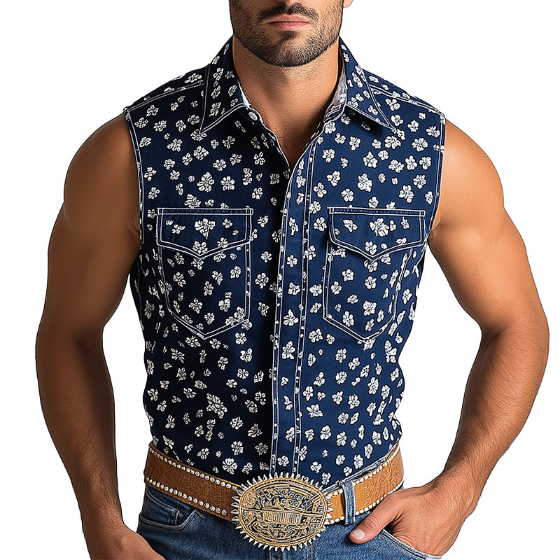 Men's Summer Western Cowboy Style Hot Stamped Sleeveless Denim Shirt MTA1418E2P