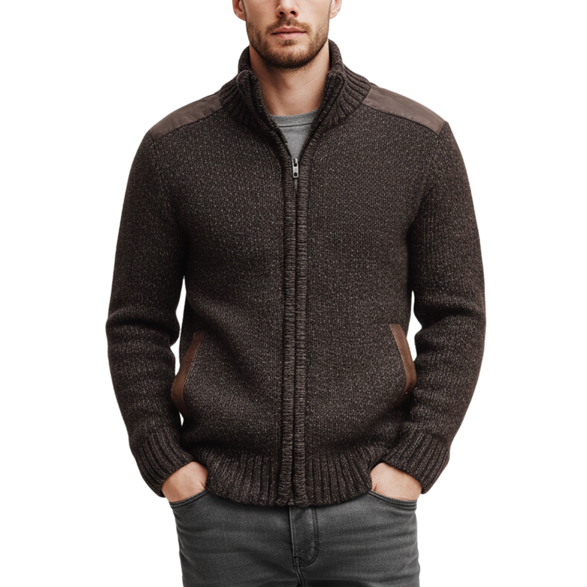 Men's Classic Casual Shoulder And Pocket Stitching PU Leather Stand Collar Zipper Knitted Cardigan MTA0904J8K