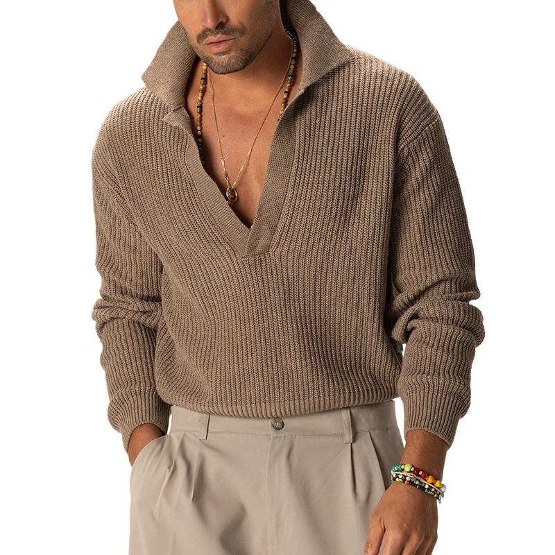Men's Solid Color Knitted Pullover Long-sleeved Collared Sweater MTA2270K4X