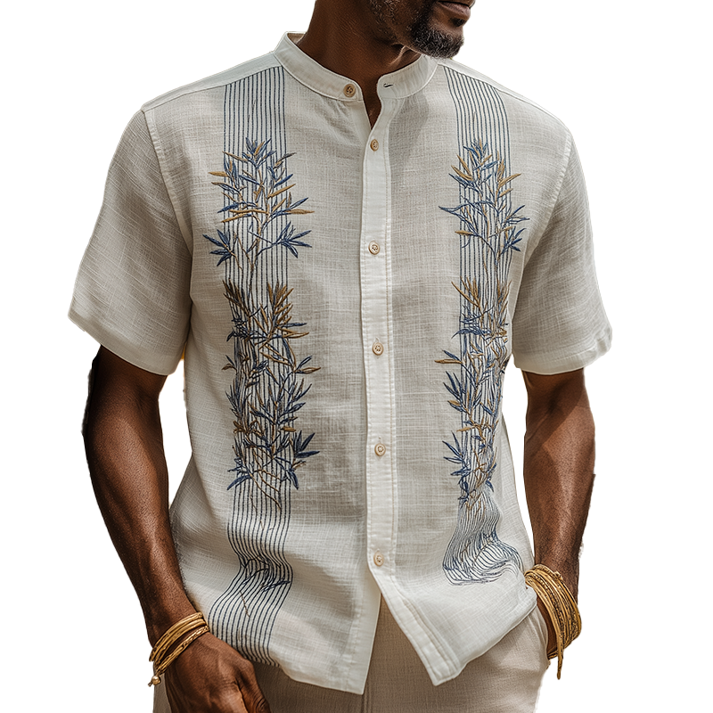 Men's Summer Fashion Leaf Embroidery Slub Linen Henley Collar Short Sleeve Shirt MTA0292G9P