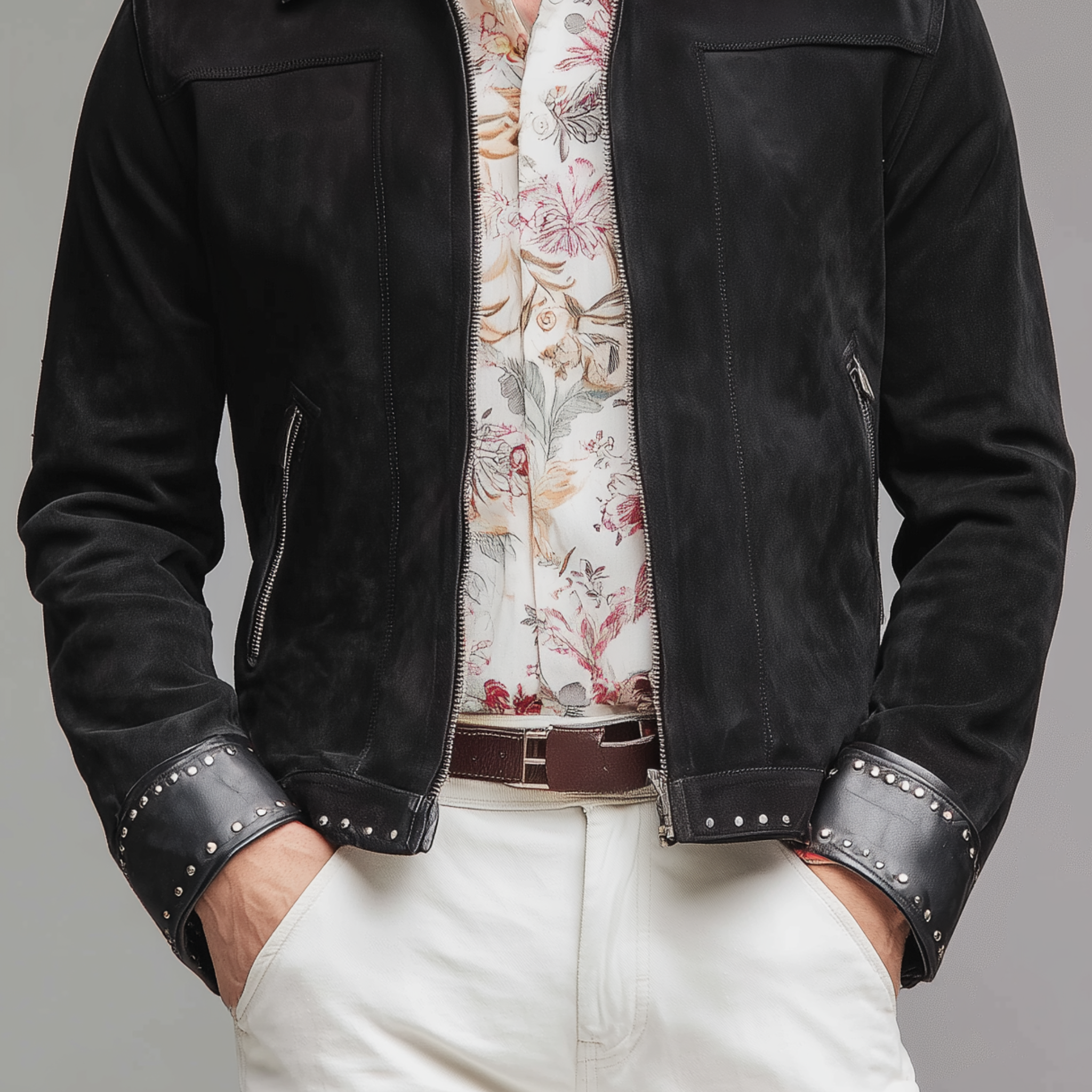 Men's Classic Casual PU Leather Lapel And Cuffs PU Leather Decoration Metal Rivet Zipper Suede Jacket MTA1140H7K