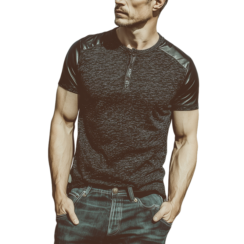 Men's Classic Casual Henley Collar Slim Fit Cotton Blend Stitching Pu Leather Short Sleeve T-shirt MTA0373G6K