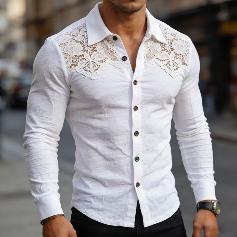 Men's Retro Casual Lace-Trimmed Cotton Collar Long-Sleeve Shirt MTA2329L9TO