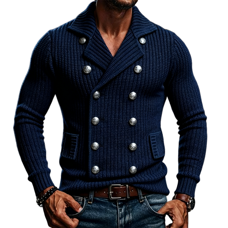 Men's Solid Color Vintage Knitted Double-breasted Lapel Cardigan MTA1765J5X
