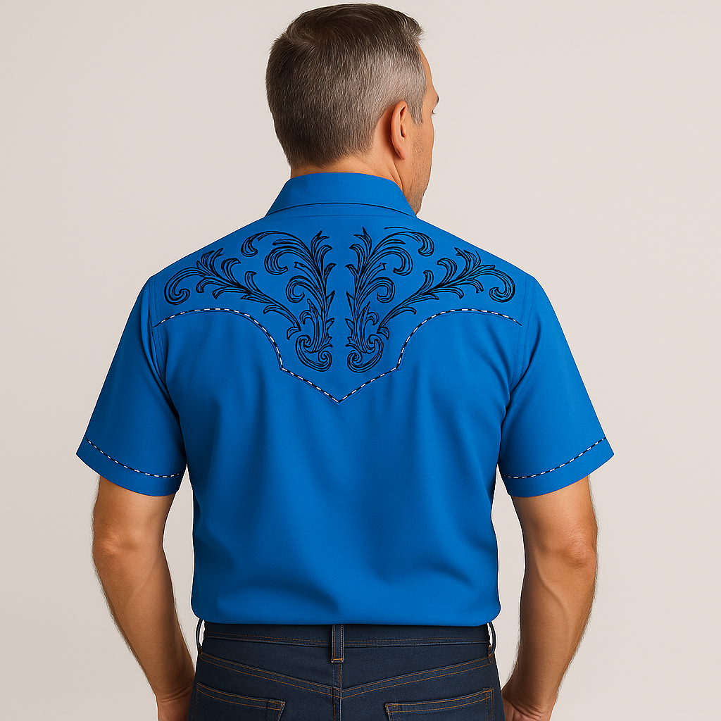 Men's Summer Western Cowboy Style Embroidered Cotton Short-Sleeved Casual Shirt MTA2048E1P