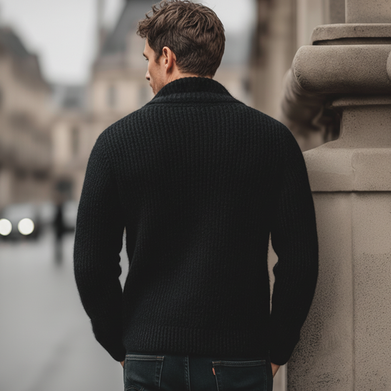 Men's Classic Thick Pure Black V-neck Pullover Casual Sweater MTA2031J8U