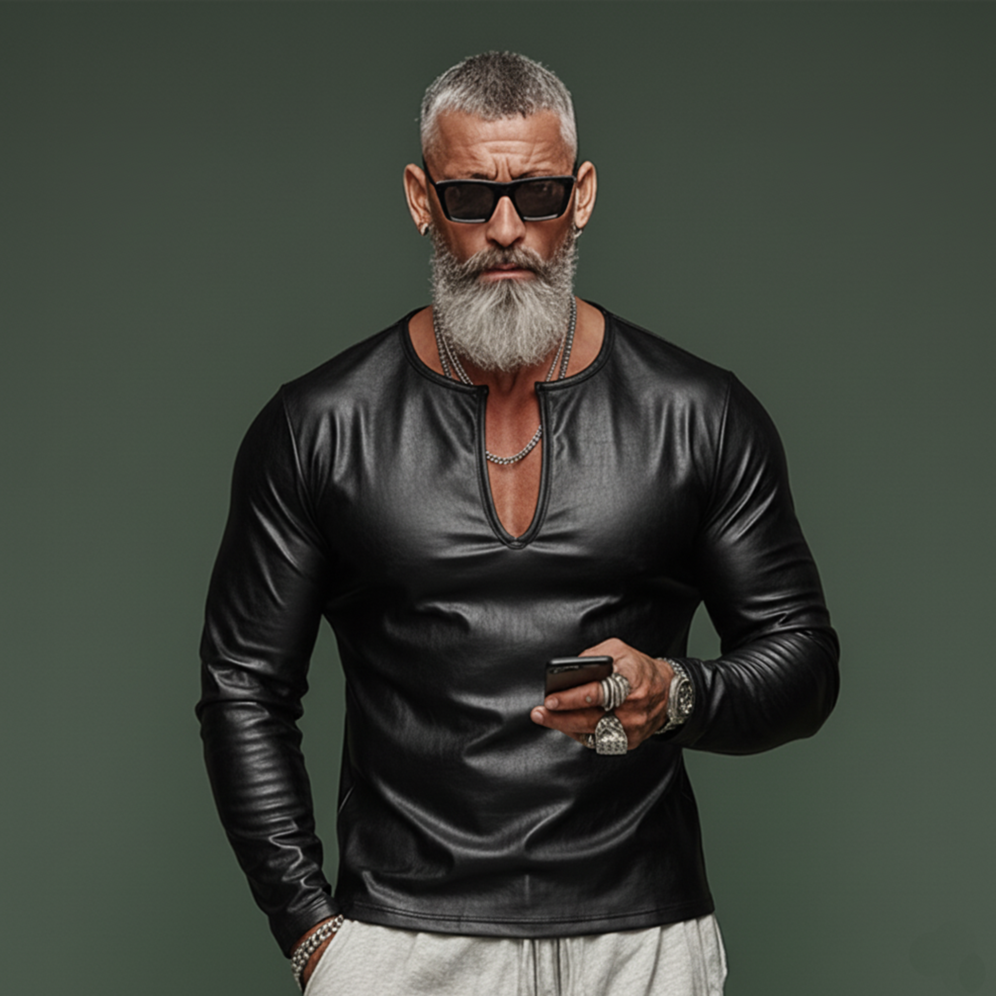 Men's Classic Casual V-Neck Slim Fit PU Leather Long-Sleeve T-Shirt MTA2595K9K