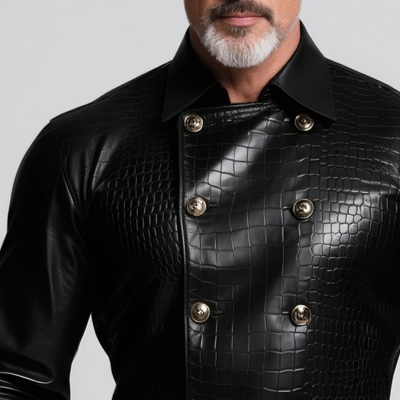 Men's Retro Casual Crocodile Pattern PU Lapel Leather Long Sleeve Shirt MTA1129H3TO