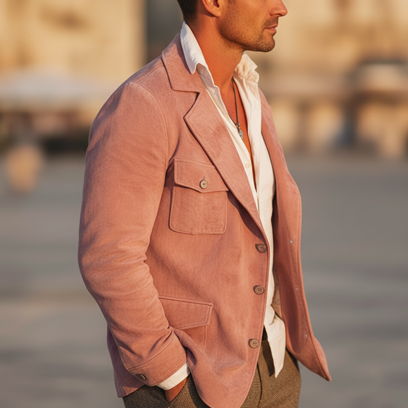 Men's Vintage Pink Faux Suede Multi-pocket Three-button Jacket MTZ0810A5U
