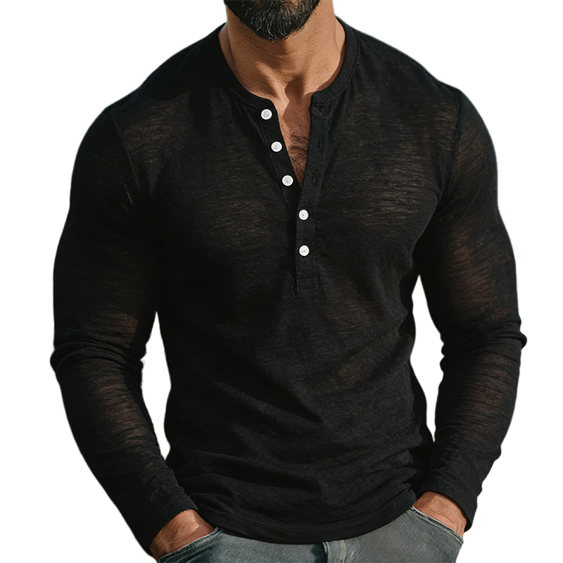 Men's Retro Casual Cotton Henley Collar Long-Sleeve T-Shirt MTA2227L4TO