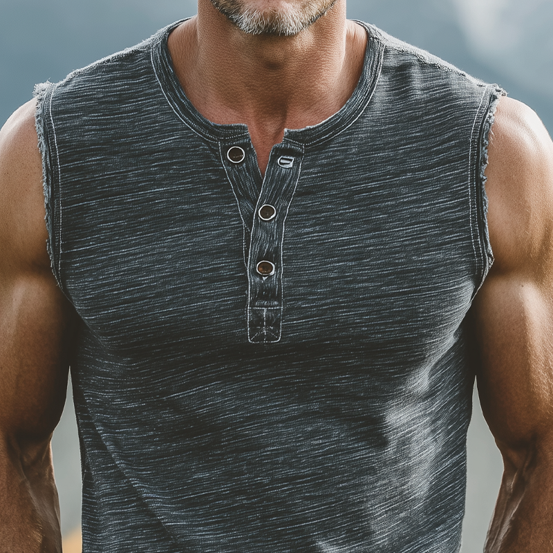 Men's Summer Casual Heathered Cotton Blend Henley Neck Raw Edge Tank Top MTA0298G6K