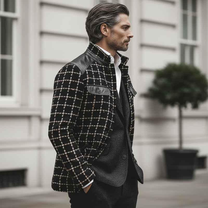 Men's Classic Tweed Plaid Patchwork PU Leather Stand-collar Jacket MTA2449K1U