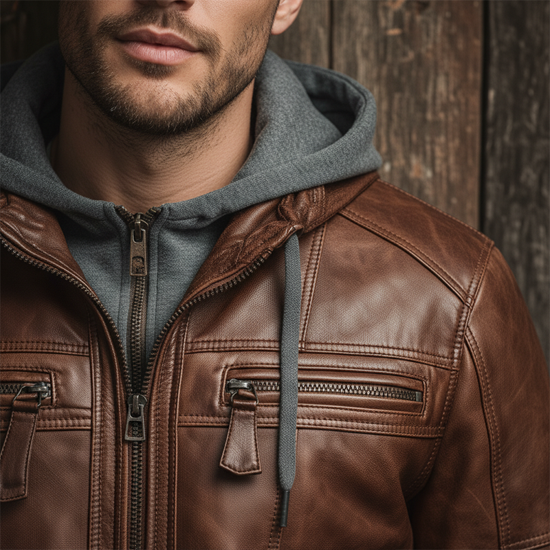 Men's Winter Fake Two-Piece Hooded Zipper Leather Jacket MTA1100J0P