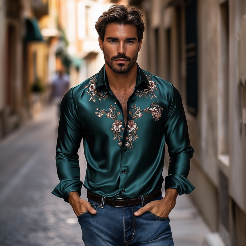 Men's Vintage Flower Embroidery Elegant Solid Satin Lapel Slim Fit Long Sleeve Shirt MTA1944G4M