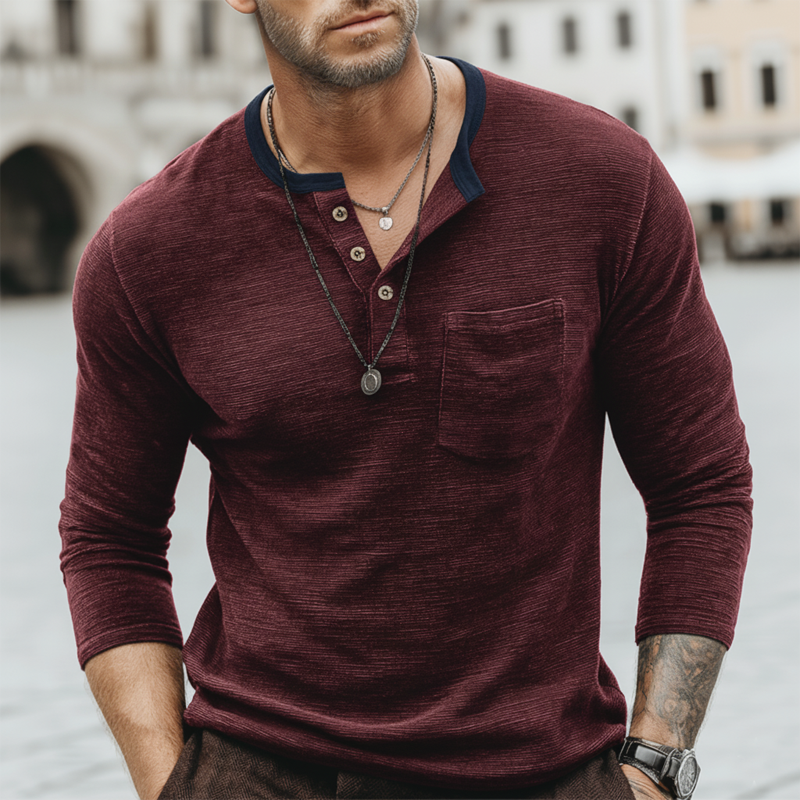 Men's Urban Casual Color-block Three-button Textured Henley Shirt MTA2242L3U