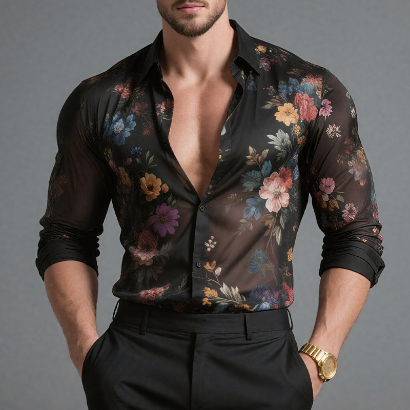 Men's Floral Print Chiffon Lapel Long Sleeve Shirt MTA2124G7Z