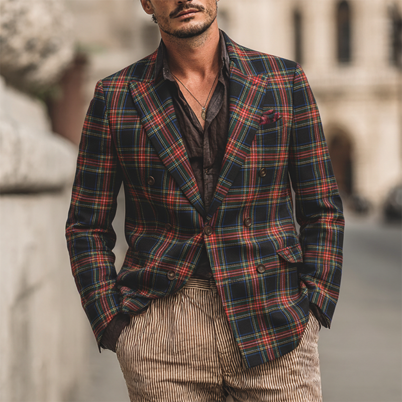 Men's Retro Plaid Print Lapel Blazer MTA2471K7X