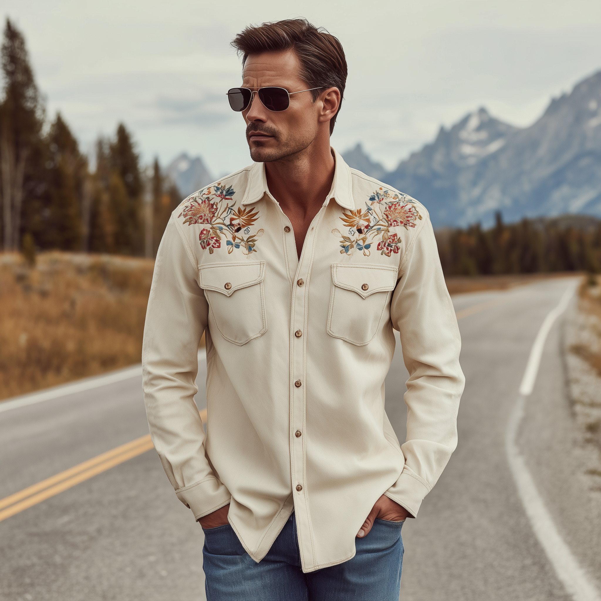 Men's Classic Retro Shoulder Embroidered Suede Slim Long Sleeve Shirt MTA2068H0K