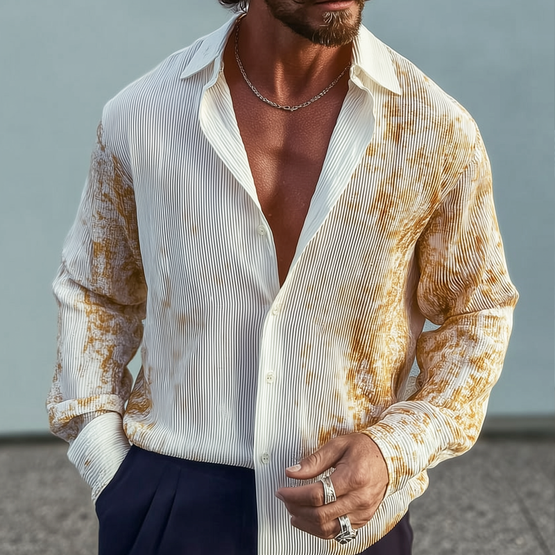 Men's Fashion Print Striped Textured Lapel Long Sleeve Shirt MTA1706G6Z