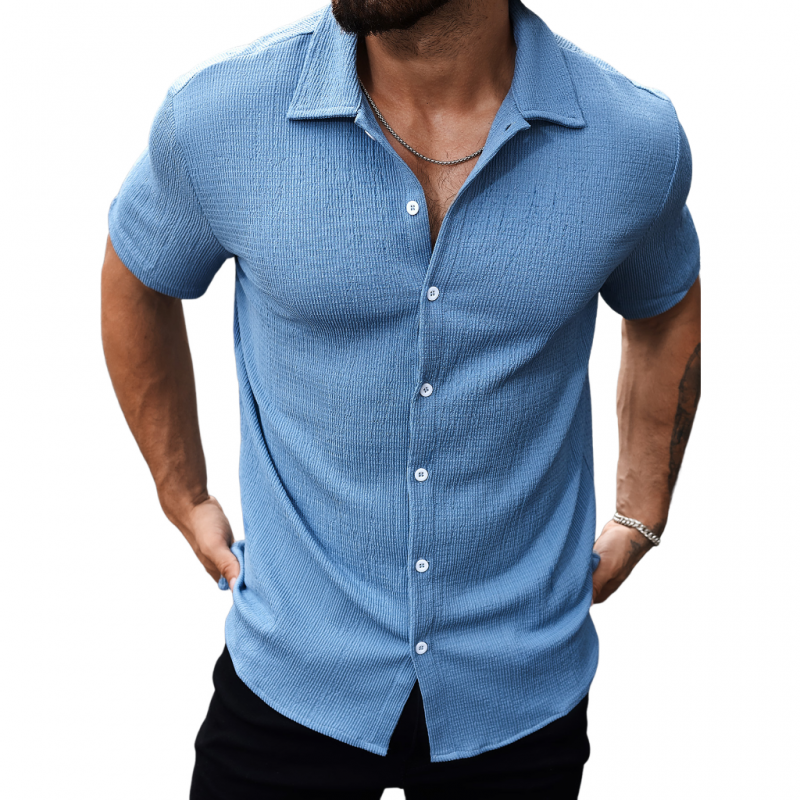 Men's Casual Cotton Blend Pleated Texture Lapel Slim Fit Short Sleeve Shirt MTA2683E7M