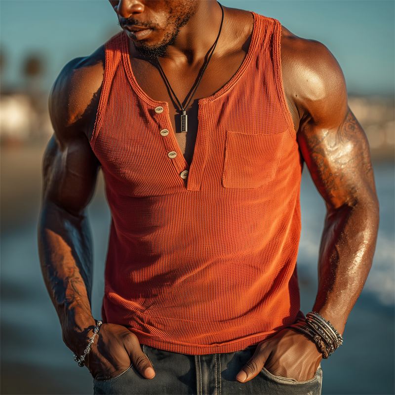 Men's Summer Henley Neck Waffle Solid Tank Top MTA1577G8U